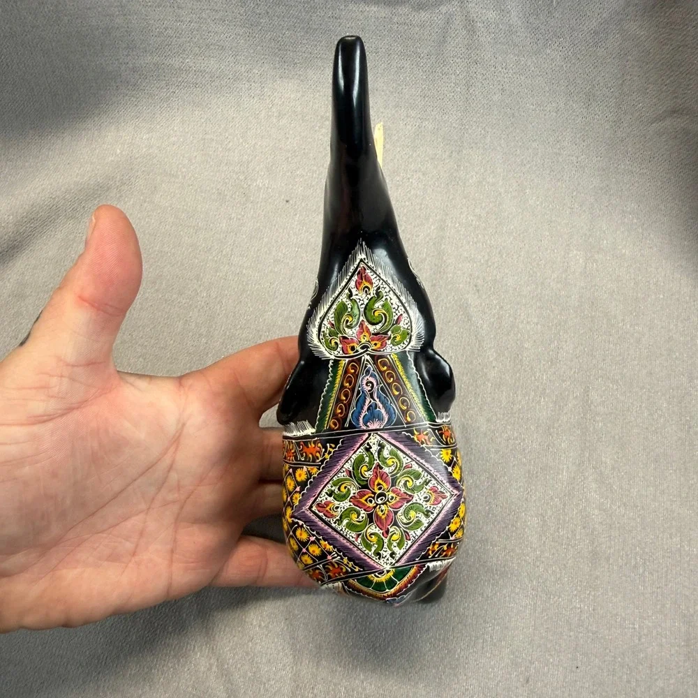Hand Painted Elephant Figurine Black Multi Color Trunk Up Good Luck Folk Art